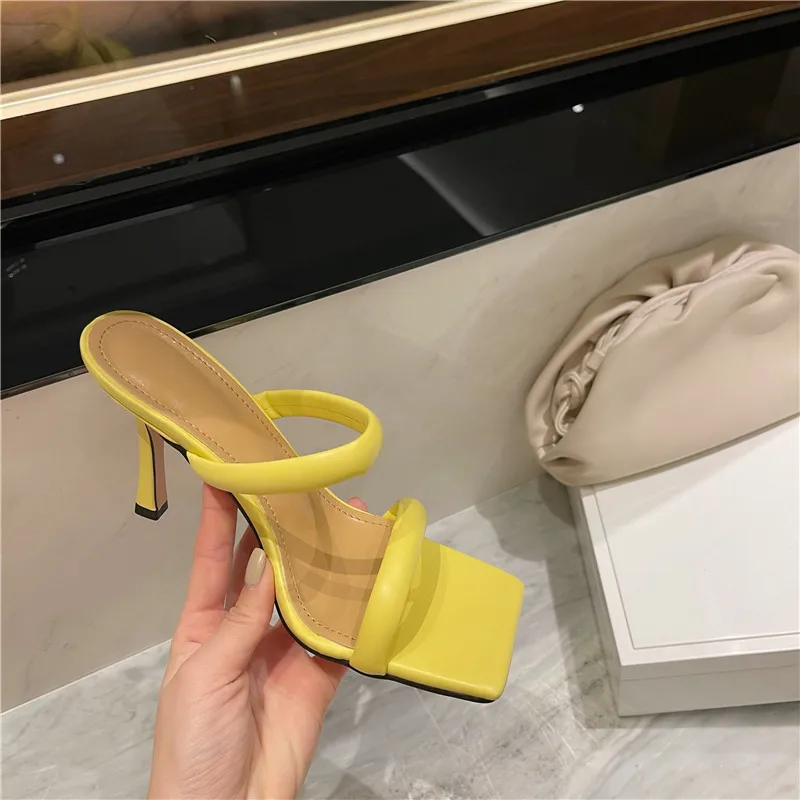 2022 New Summer Yellow White Thin Heels Slippers Sandals Women Square Toe Mules Slippers Beach Leisure Slides Flip Flop Platform