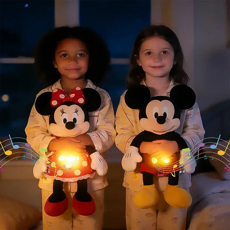 

new 2026 hot Disney Mickey&Minnie Plush Doll Breath Child Peluche Soothes Toy Anime Baby Music Light Sleep Toys Kid Gifts