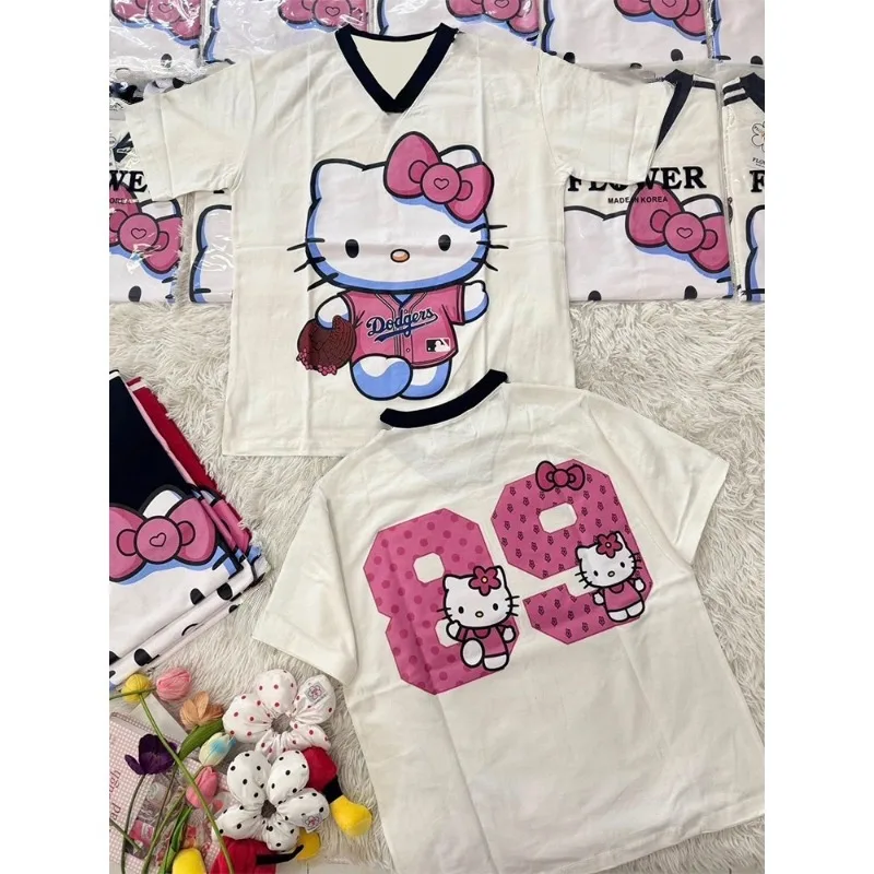 

Летняя футболка Sanrio Hello Kitty с короткими рукавами, свободная и дышащая быстросохнущая рубашка размера 89, модный топ