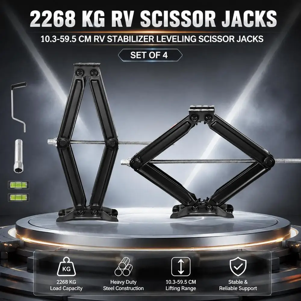 Cric à ciseaux pour camping-car avec manivelle, clé à douille et niveau à bulle (4 pièces). Stabilisateur de nivellement 103-595 mm, cric stabilisateur, ne se déforme pas facilement (capacité de charge de 2268 kg)
