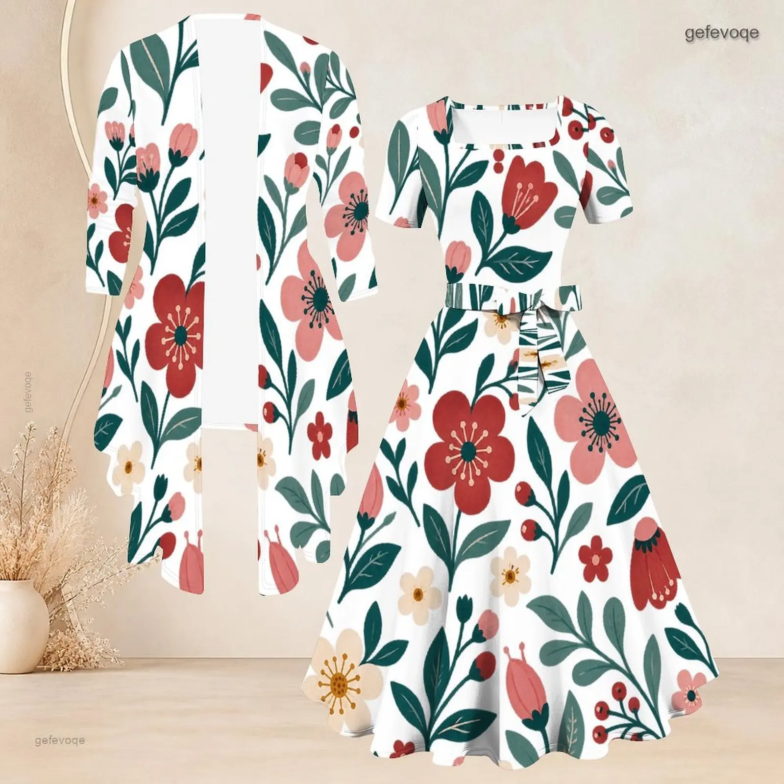 Women Leaf Printed 2 Piece Set, 3/4 Sleeve Long Open Cardigan and Square Neck Short Sleeve Belted Flared Dress White Brown