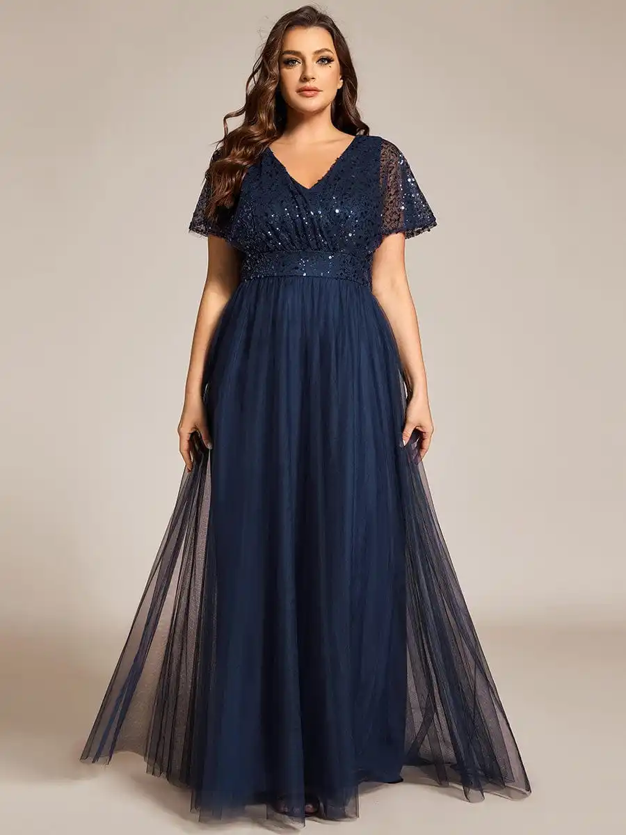 Ever azole-robe de soirée bleu marine, grande taille, col en V, manches courtes à volants, taille compromis, tulle, paillettes, robe de demoiselle d'honneur, 2024