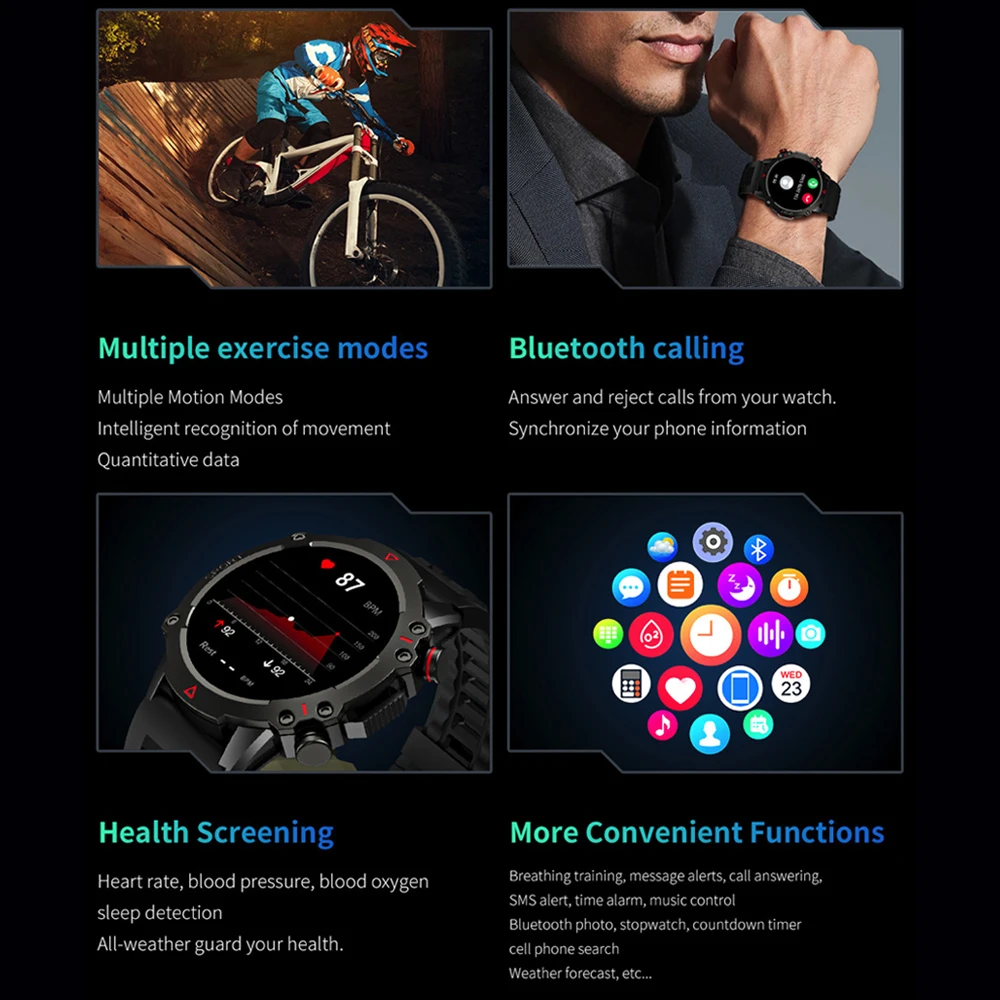 Reloj inteligente con pantalla de 1,53 pulgadas, frecuencia cardíaca, presión, oxígeno en sangre, modo multideporte, reloj inteligente resistente al agua, linterna para hombres, asistente de voz