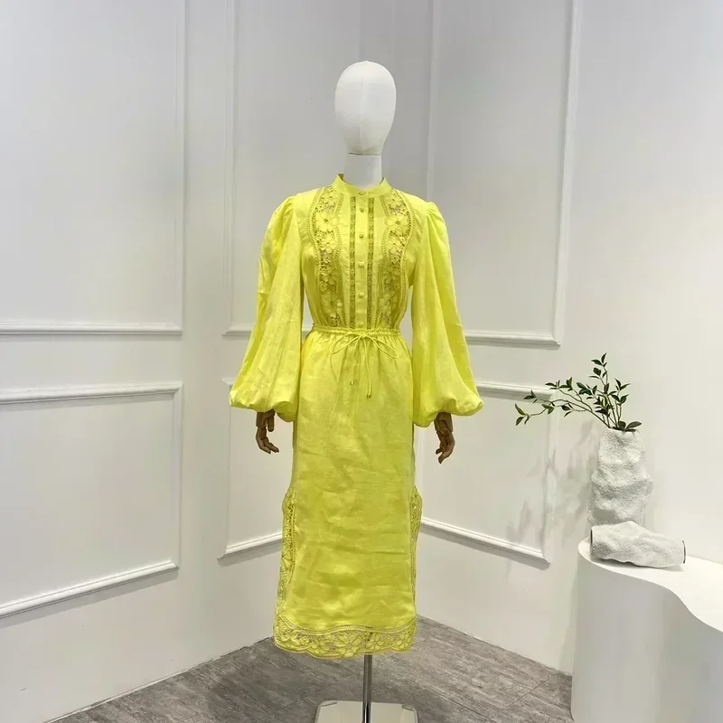 

Yellow Women New Collection Summer High Quality Linen Hollow Out Embroidery Full Sleeve Blouse Tops and Skirt Sets