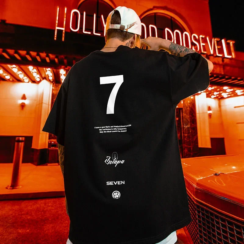 High Street Seven Letter Printed T Shirt For Men Summer Crewneck Short Sleeve Tee Shirt Homme Hip Hop Y2K Oversized T-shirt