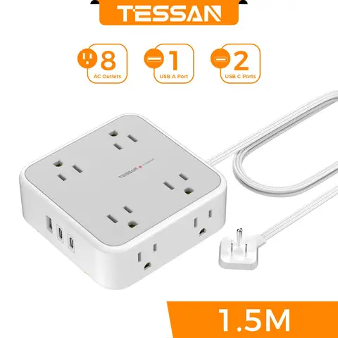 TESSAN Power Strip US Plug Multiple Socket 1 USB 2 Type C with Switch 11 in 1 Tower Socket Surge Protection 5FT Extension Cord