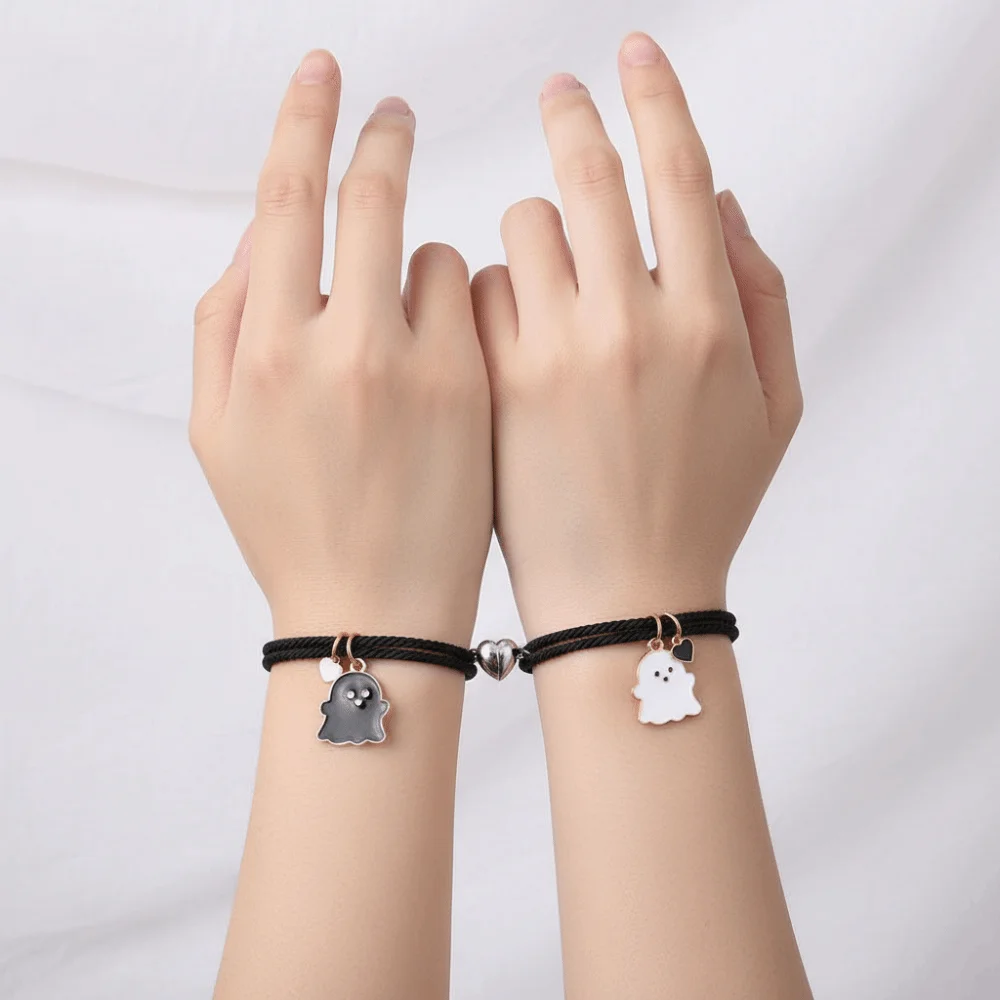Halloween Cartoon Ghost Magnetic Rope Bracelet Love Heart Magnet Multicolor String Magnetic Bracelet Black White Ghost 1 Pair