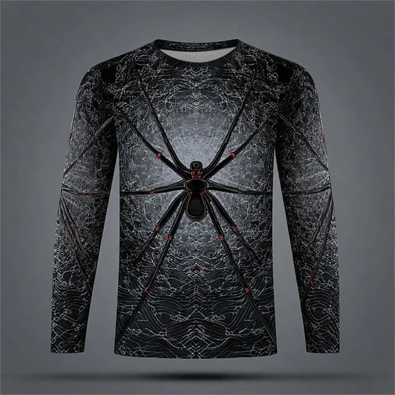 Vintage 3D Spider Print Sweatshirts For Men Long Sleeve O Neck Red Graphic Daily Streetwear Halloween Party Cosplay Tee Autumn