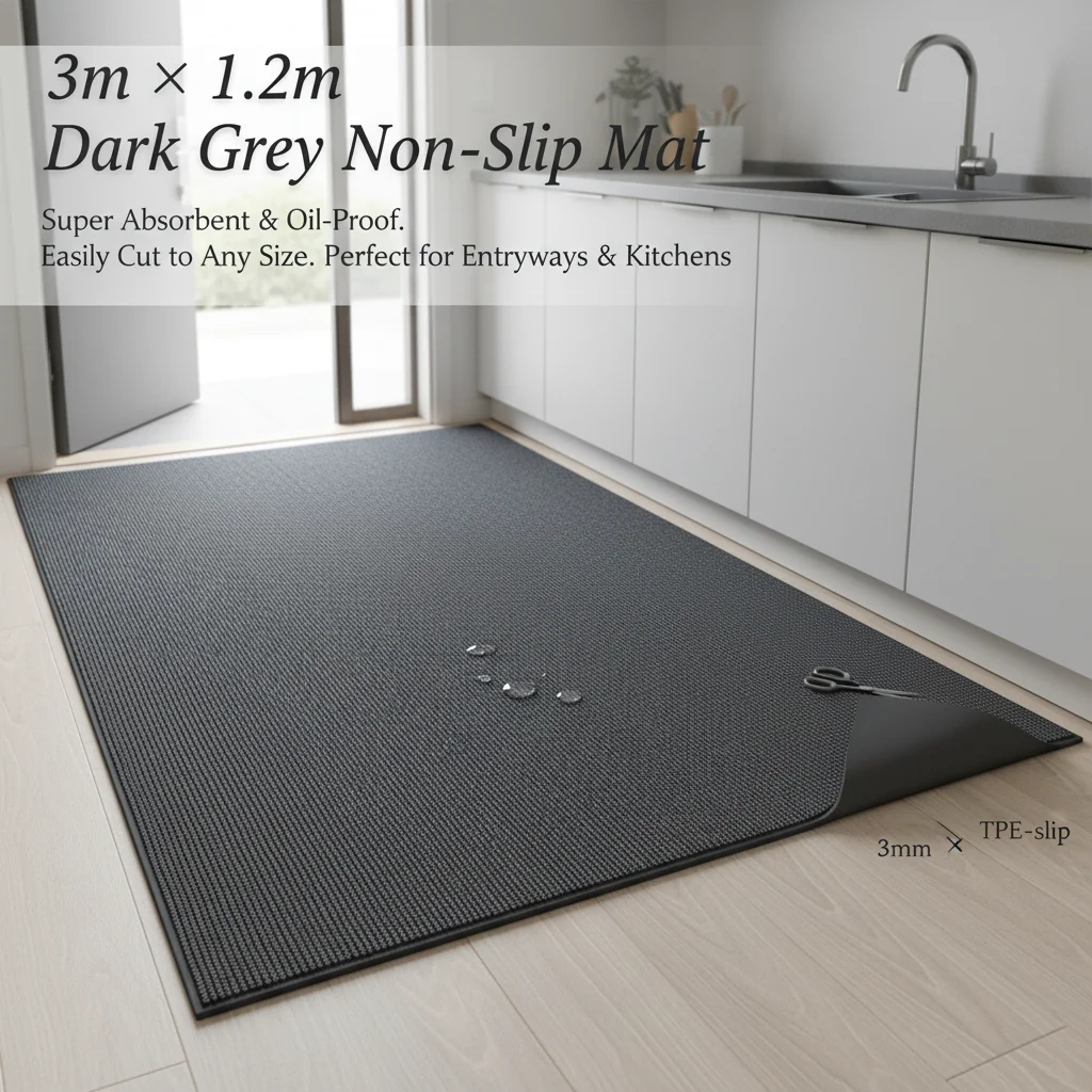 Indoor/Outdoor Floor Mat 3m x 1.2m Dark Grey, Non-Slip Stripe Entrance Doormat with Strong Water Absorption, Cut-to-Size PET Door Mat for Kitchen, Foyer, Balcony, Patio