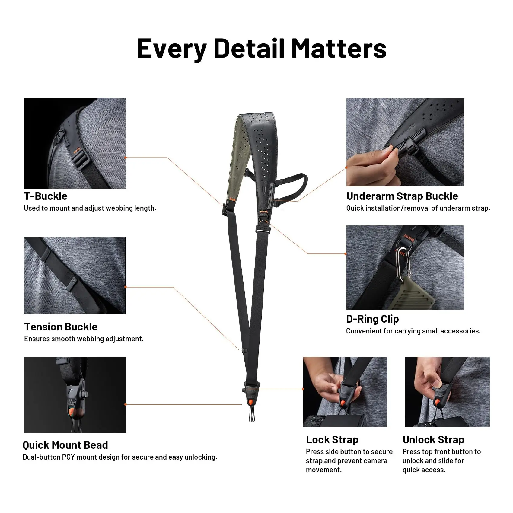 PGYTECH Brown Camera Strap Pro, Single Camera Harness w Underarm Strap, Leather Ergonomic Padded Crossbody Shoulder Strap for DS