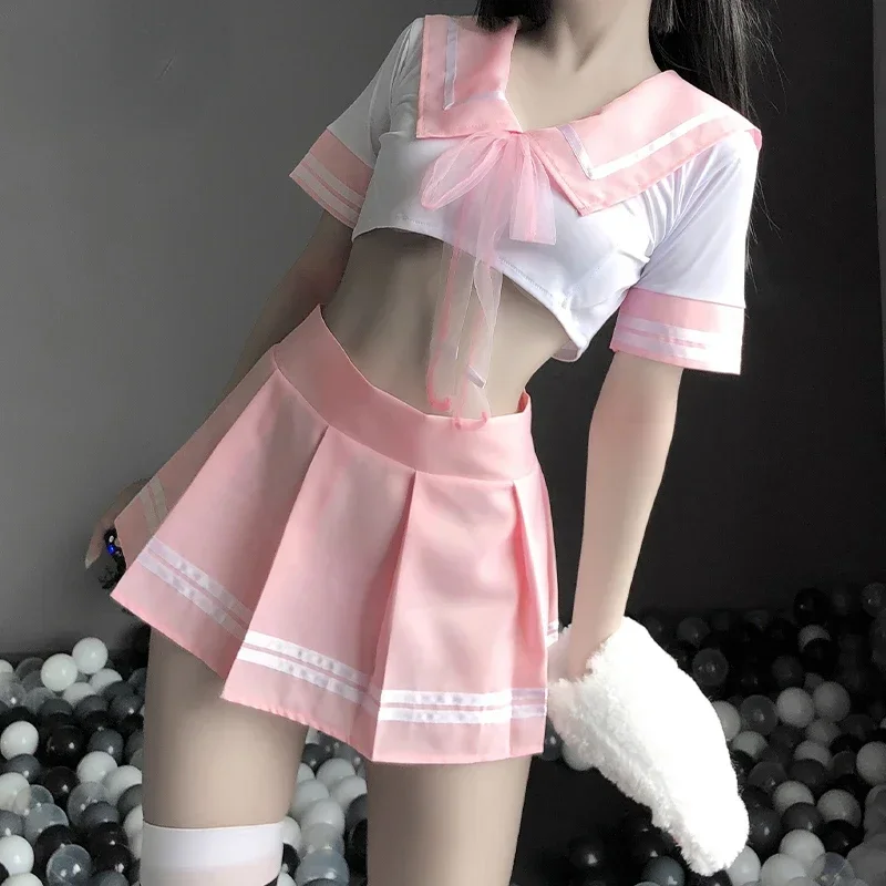 Sweet Japanese Pink Cosplay Costumes with Miniskirt Sexy Lingerie Schoolgirl Cosplay School Uniforms Women Tie Student Uniform