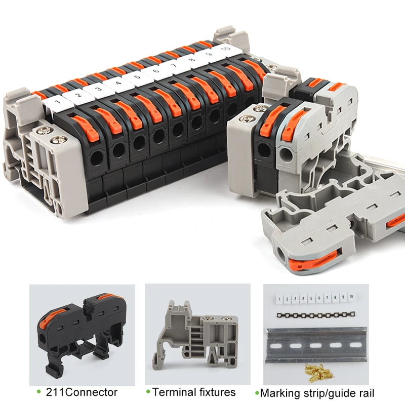 Din Rail Terminal Block 211with Number Strip/Guide Rails/Fixed Accessories Universal Compact Splicing Fast Wire Connector Set