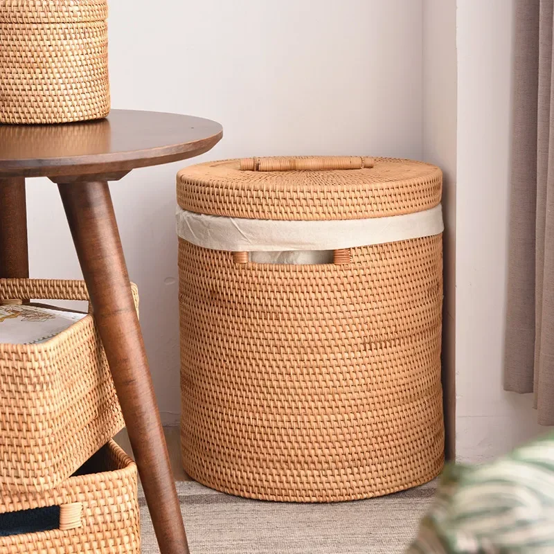 Round Laundry Basket Binears, Natural Rattan Environmental Protection Dirty Clothes Basket, Safe, Eco-Friendly, Handheld Storage