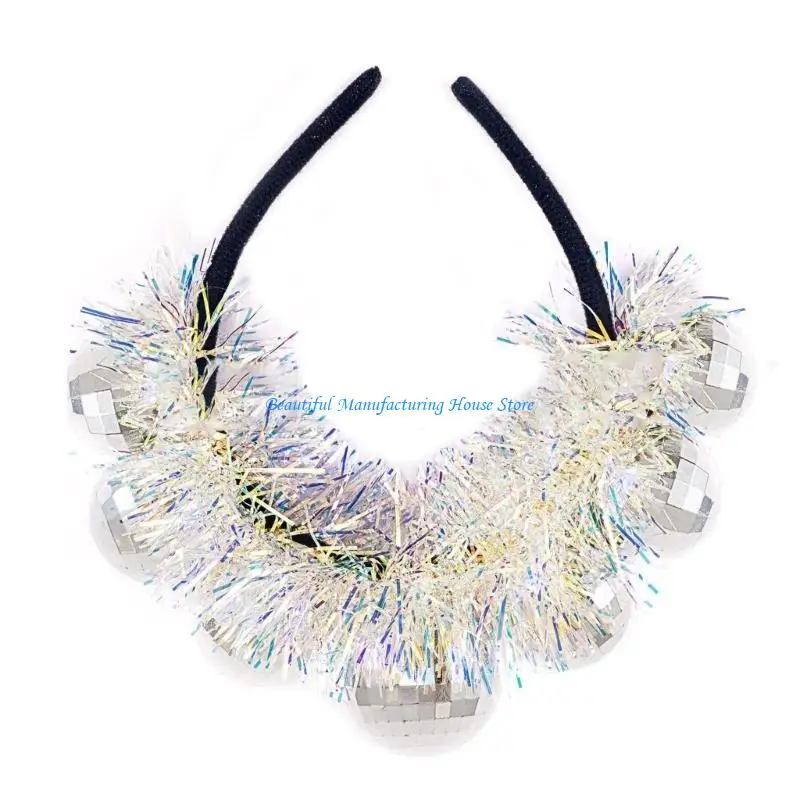 E56A Hair Hoop Mirror Ball 70s Theme Eye-catching Hair Hoop Headpiece Photo Props Disco Ball Headwear for Music Festival