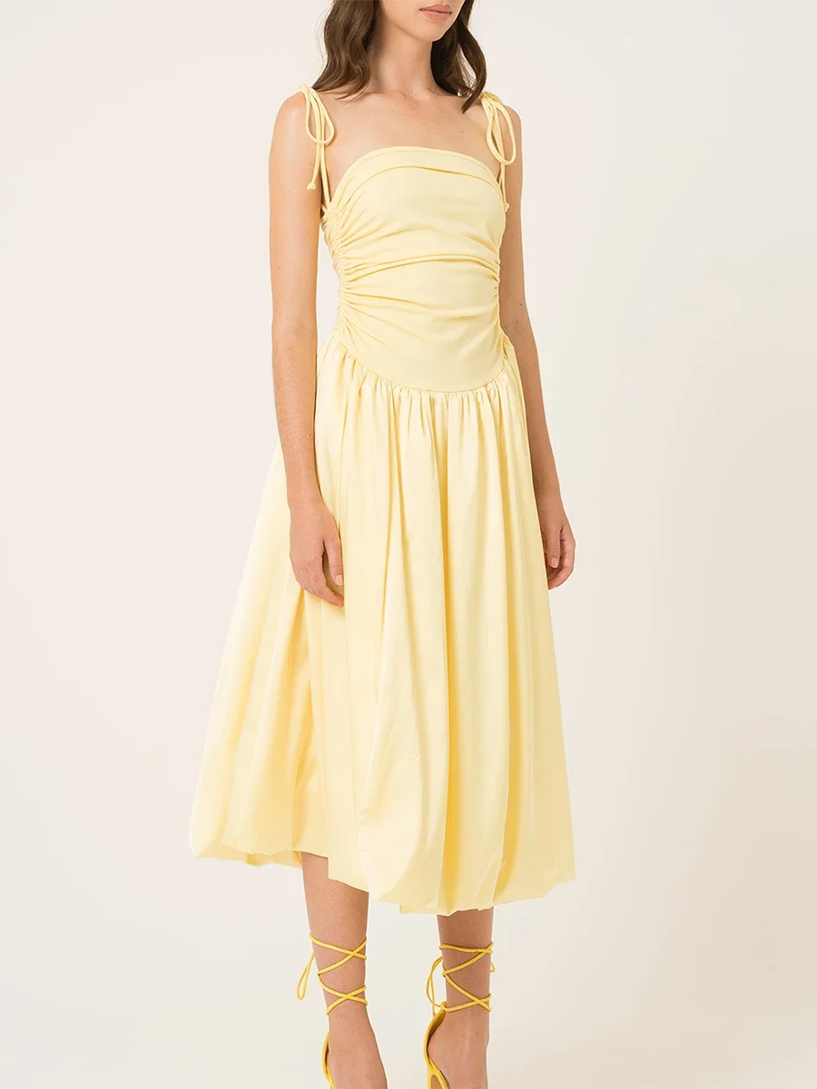 Abito da donna con allacciatura e camicetta, moda senza maniche, aperto sul retro, tinta unita, patchwork, volant, abiti lunghi, casual, streetwear