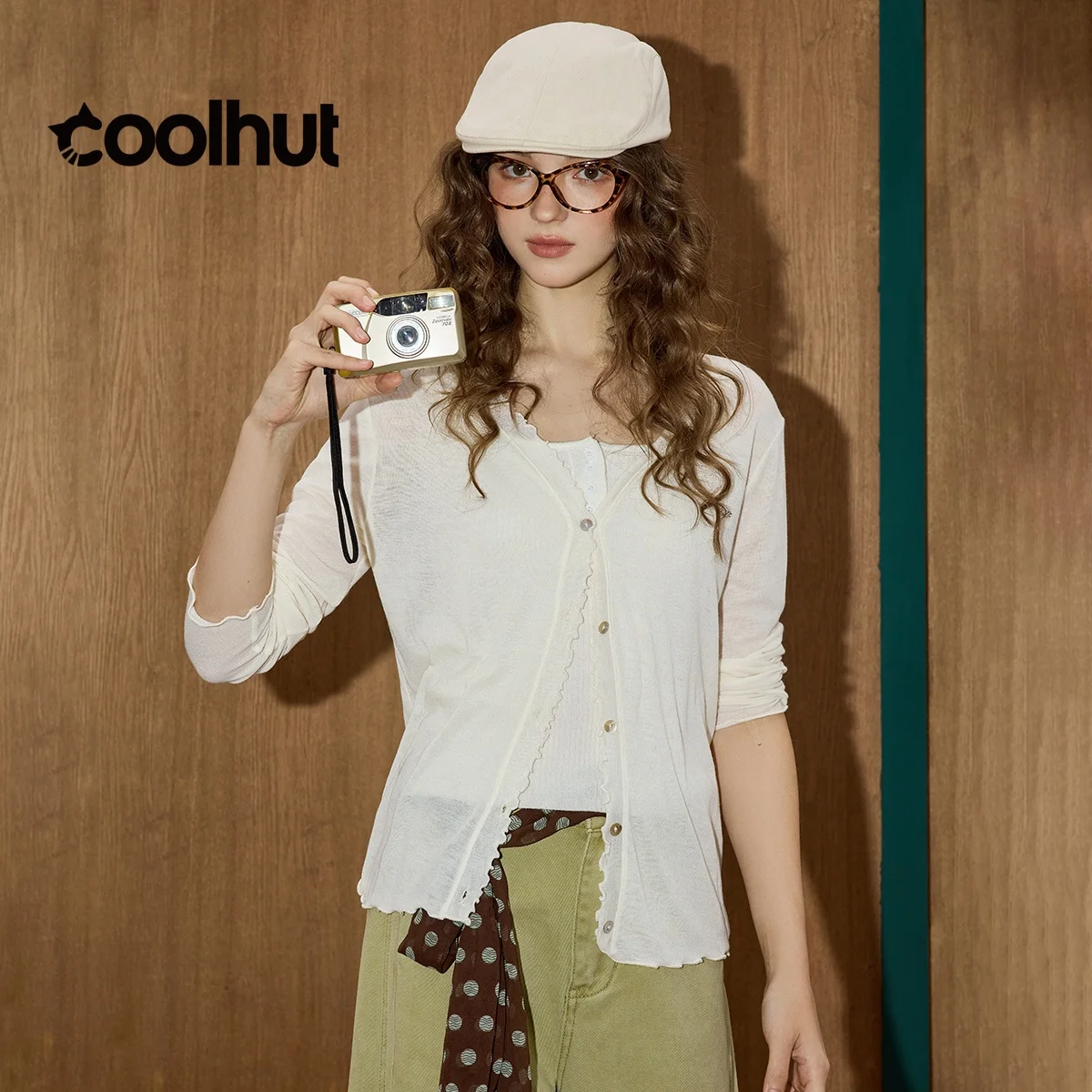 

COOLHUT, новинка 2025, женский легкий укороченный кардиган с кружевной отделкой и v-образным вырезом, прозрачная осенняя мягкая многослойная нежная блузка