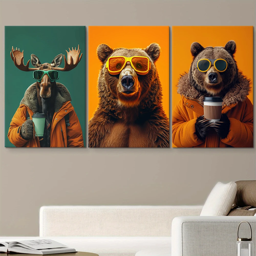 3PC, Creative Nordic style cartoon moose decoration painting, modern and simple living room entrance canvas hanging painting, an