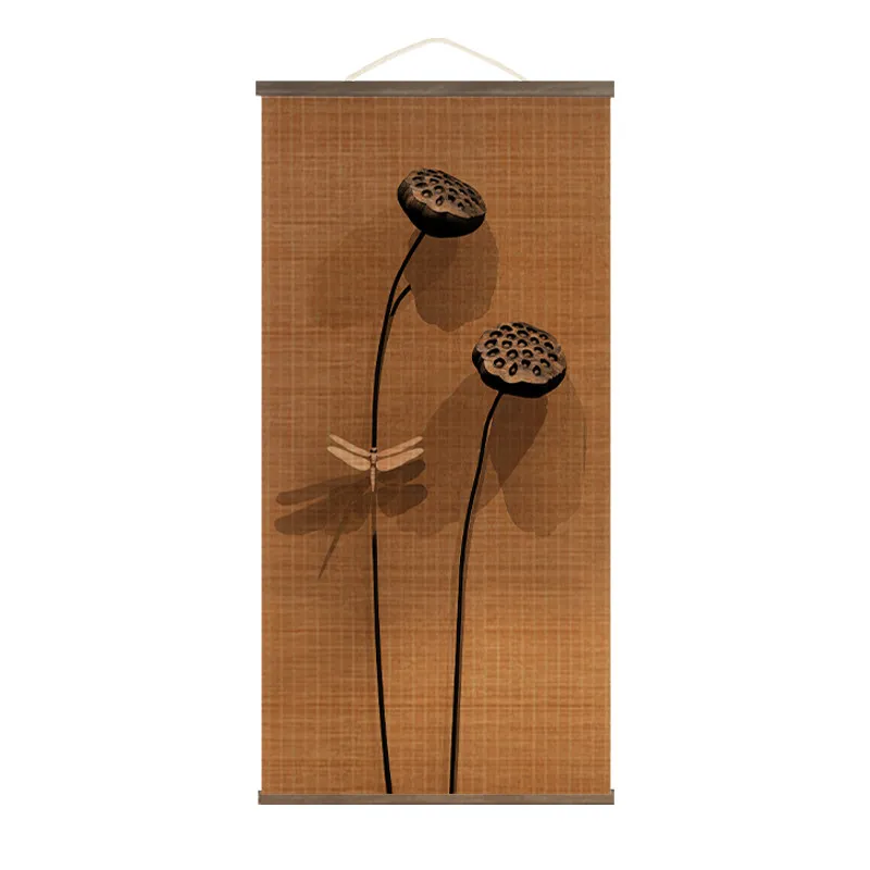 Wall Art Bamboo Curtain Scroll Hanging Lotus Pod Dragonfly Print, Wabi Sabi Zen for Tea Room Meditation room decor aesthetic