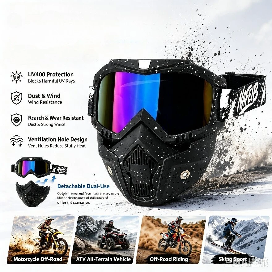 Detachable Windproof Face Mask Goggles Tactical Cycling Moto Off‑Road Helmet Mask UV Protection For Outdoor Sports Welding Work
