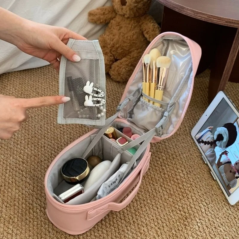 2026 New Vertical Makeup Bag Simple Ins Style PU Leather Partition Cosmetic Bag Multi-functional Portable Storage Pouch