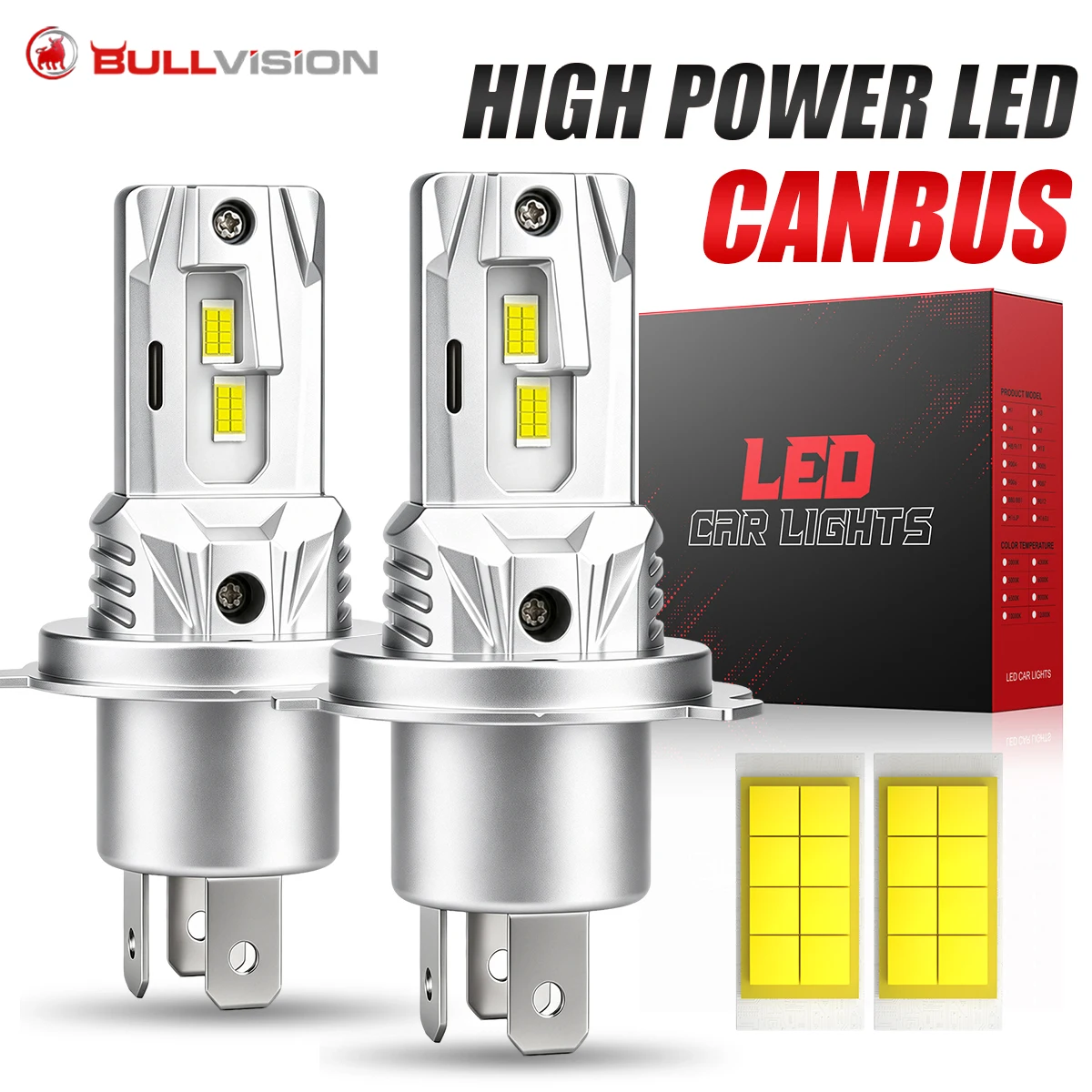 Bullvision H4 9003 Fanless CSP LED Headlight Bulb Hi/Lo High Low Beam 12V Plug&Play Auto Motorcycle Headlamp Replacement Lamp