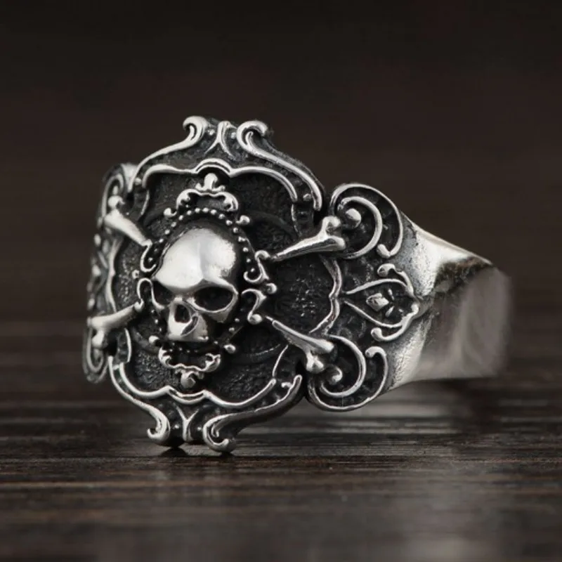 BOCAI S925 Sterling Silver Rings for Women Men New Fashion Eternal Rattan Emboss-skull Adjustable Punk Jewelry