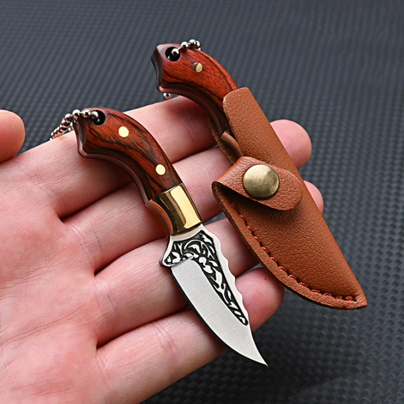 New Mini Kitchen Knife Outdoor Pocket Knife Keychain Portable Unboxing Knife Colored Solid Wood Handle Knife With Leather Case