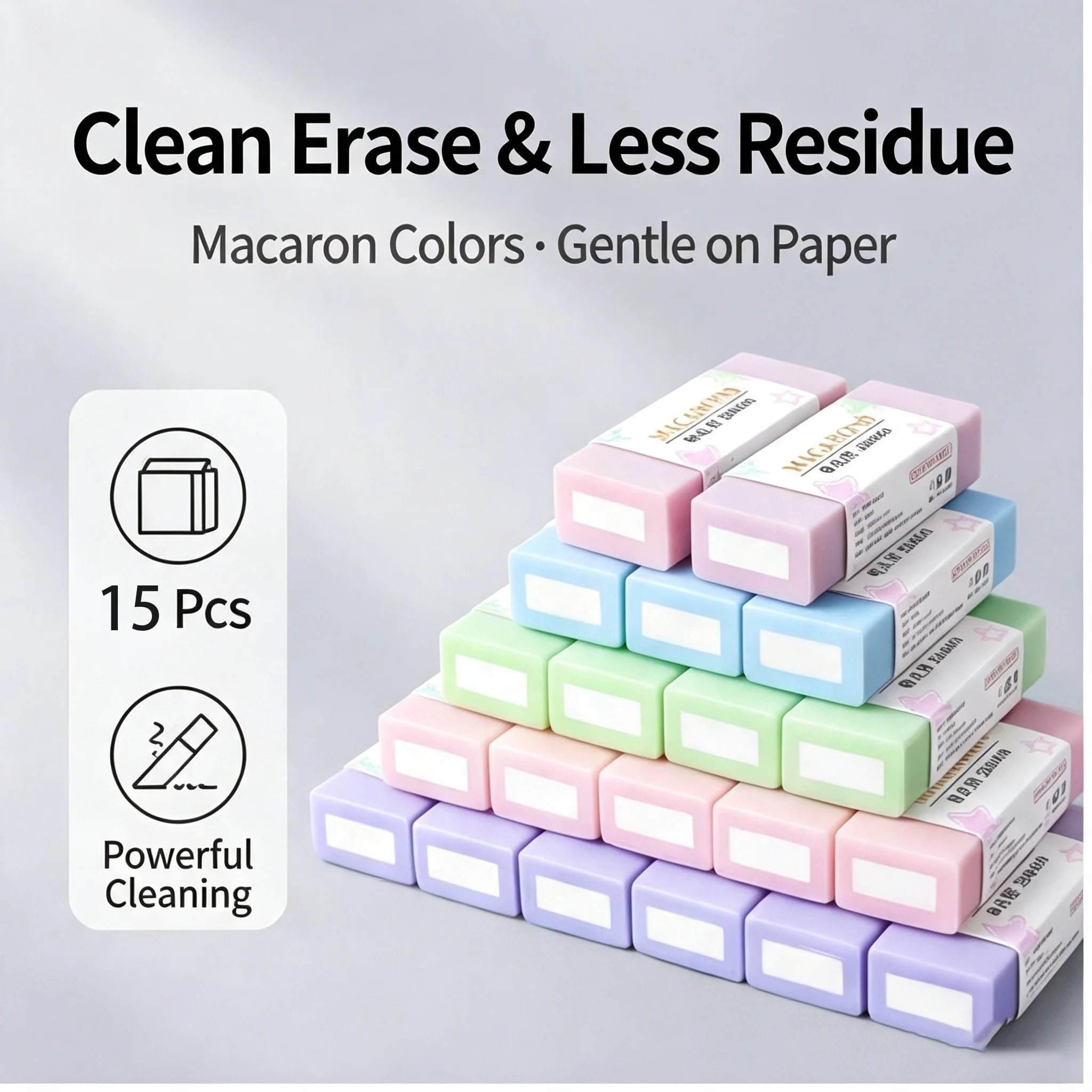 Pencil Eraser 15 Pack Pastel Colors Large Latex Free Vinyl Block Erasers for School Office Art Sketching Homework Exams Clean