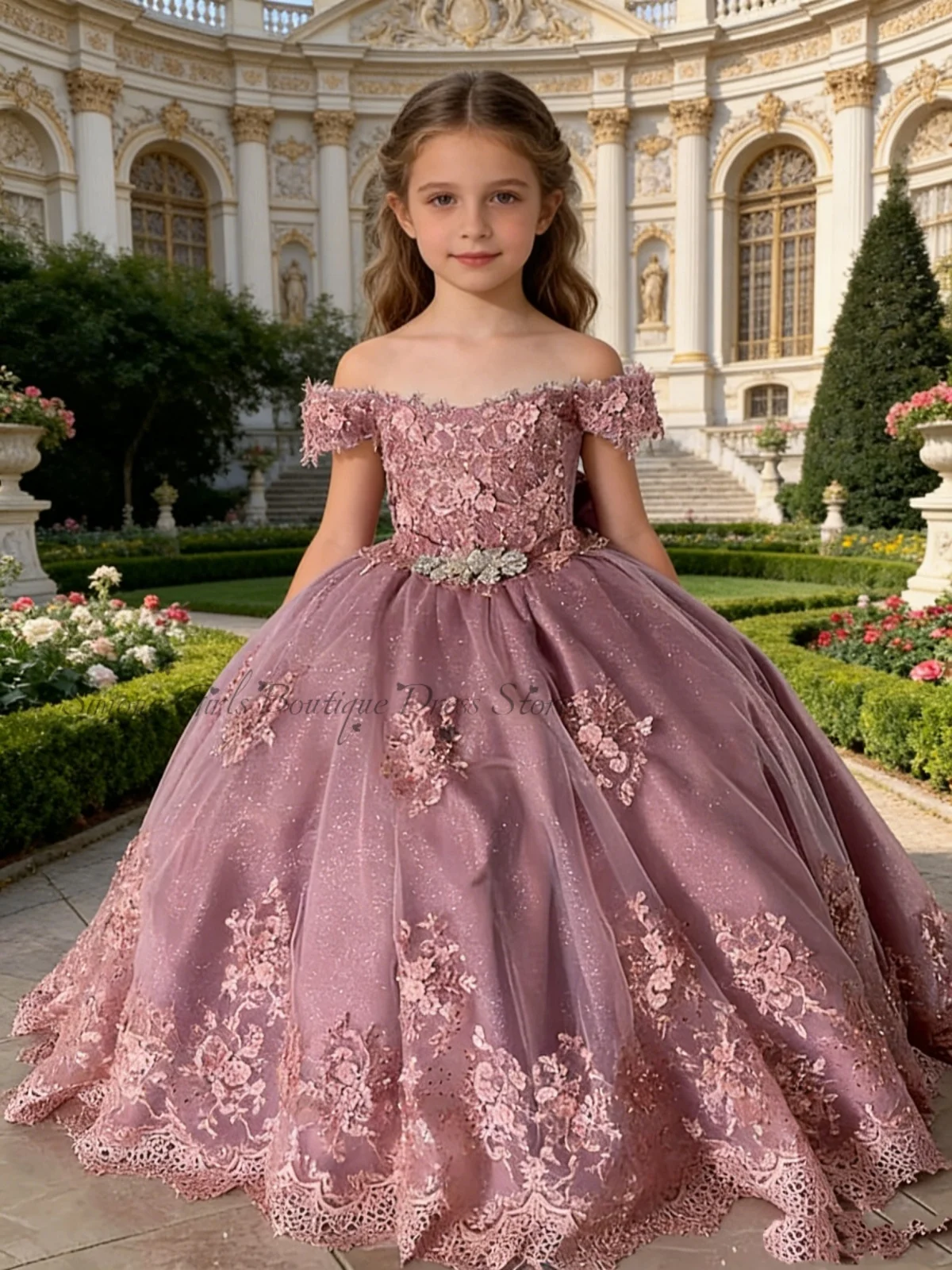 Pink Mini Quinceañera Flowers Girl Dress Quality Beaded Satin Fluffy Knee Length for Wedding Birthday Party Pageant Gown