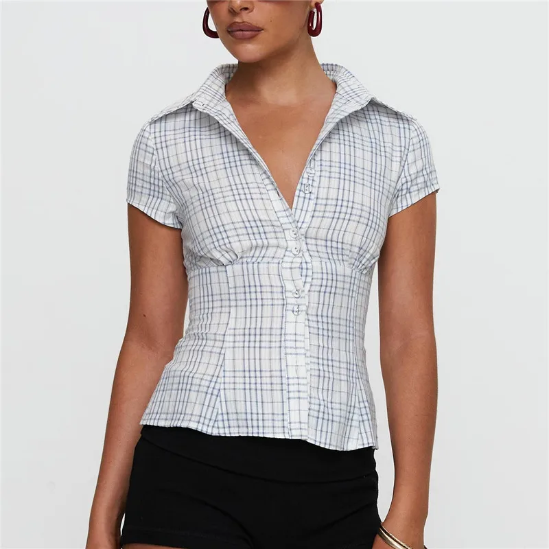Vrouwen Y2k Esthetische Button-up Shirt Jaren '90 Vintage Cottage Korte Mouw Revers Slim Fit Blouse Fairy Grunge Crop Tops zomer