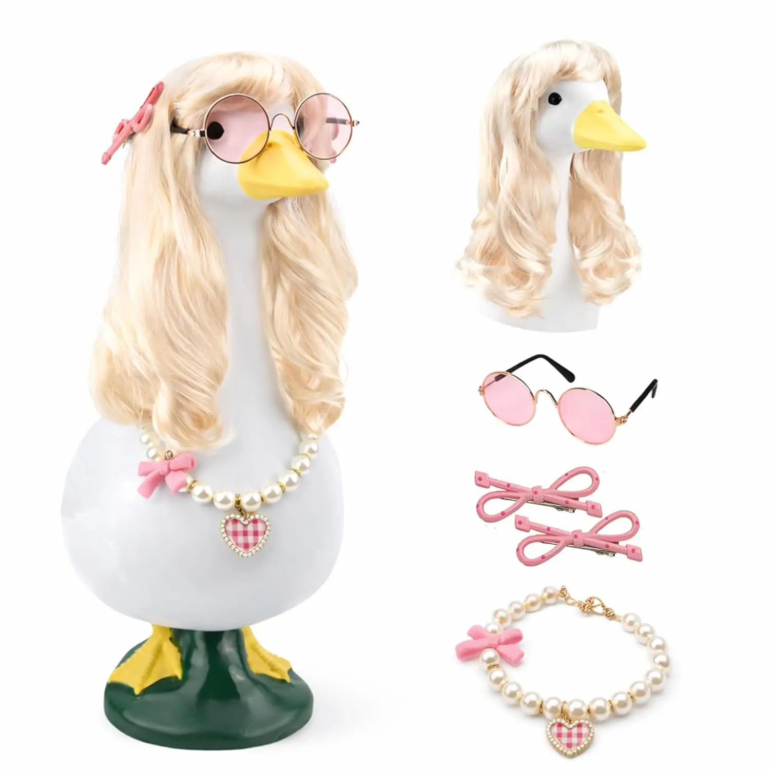 Cute Sweet Goose Statue Accessory Kit, Blonde Wig with Heart Pearl Necklace And Sunglasses And Hair Clips, for 23' Lawn Goose, Yard Art Decoration