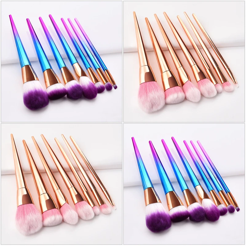 7 pcs/Set Gradient comfortable-handle soft fiber wool metal ferrule easy to clean face cosmetic brush kit