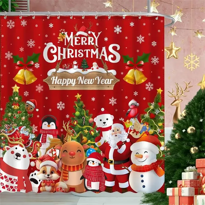 Merry Christmas Red Shower Curtain Santa Claus Snowman Reindeer Xmas Happy New Year Home Bathroom Bathtub Decor Bath Curtains