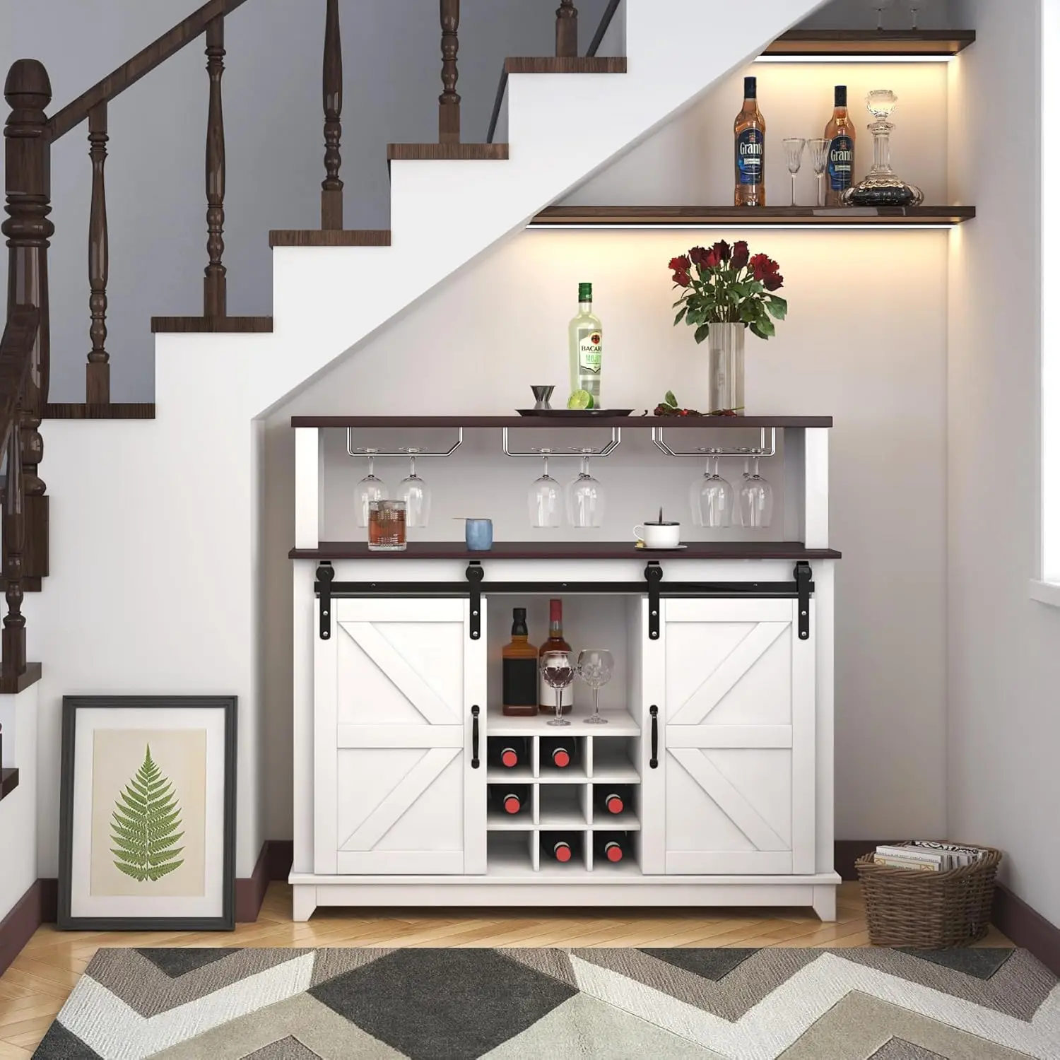 Coffee Bar Wine Cabinet com deslizante porta de celeiro, Farmhouse Buffet armários com garrafa de vinho Rack, armazenamento Bar, 47