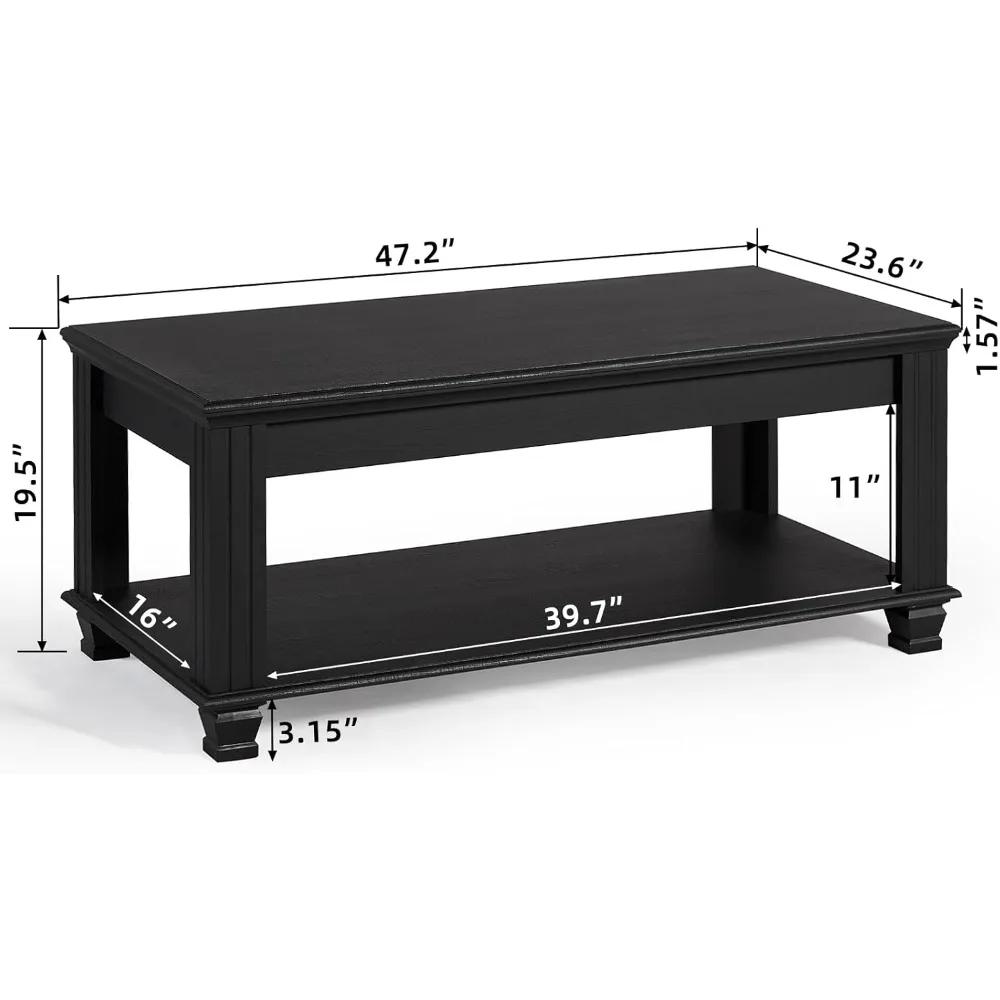 Tables basses de ferme pour salon, Table à thé carrée avec étagère de rangement ouverte, grande Table basse, Table centrale en bois rustique