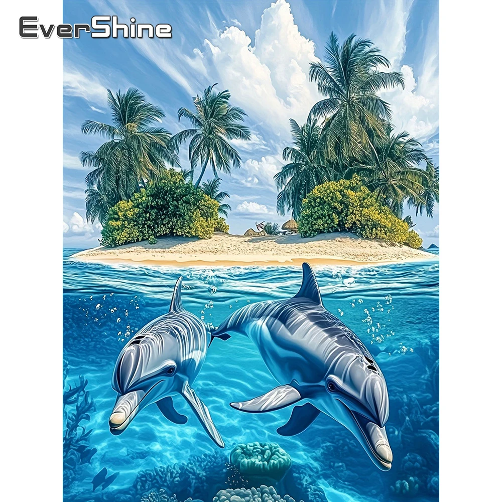EverShine Diamantmalerei Landschaft am Meer DIY Vollquadratische Stickerei Delfin Bild Strass Mosaik Baum Heimdekoration