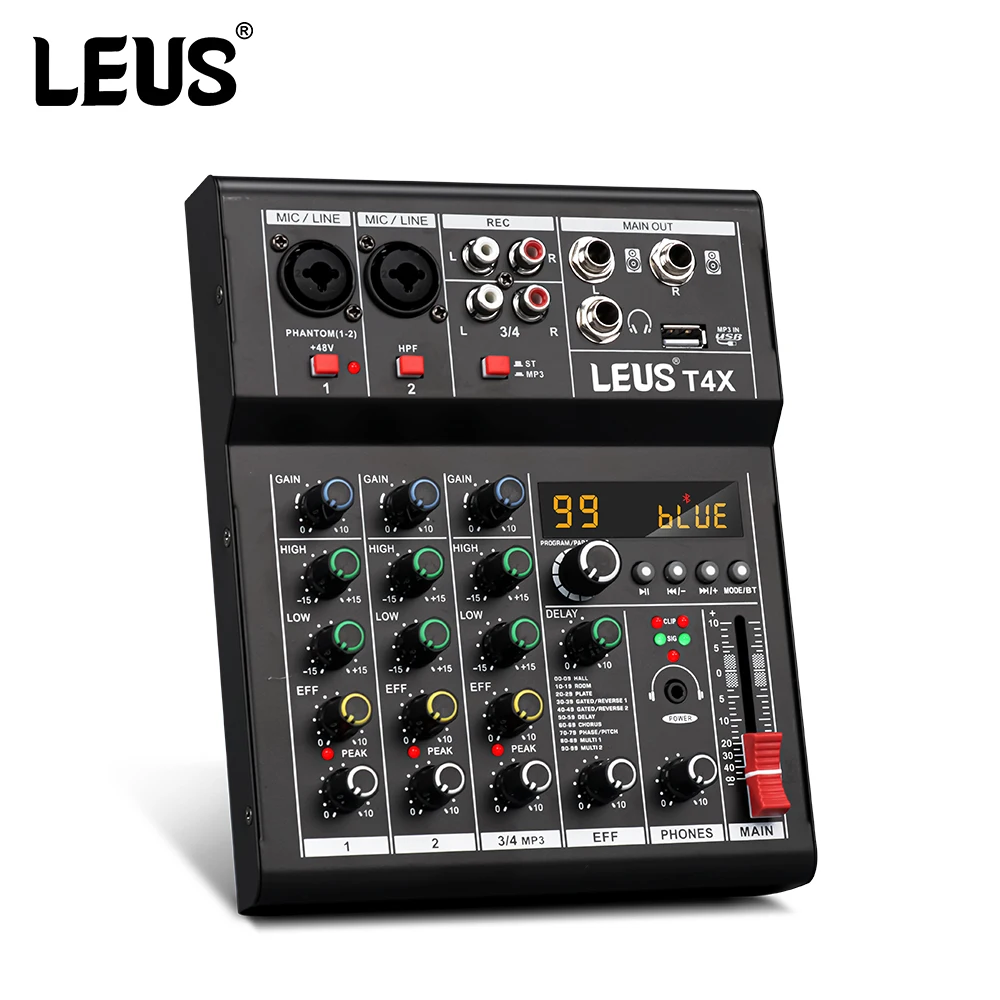 

LEUS T4X 4 Channel 99 DSP Effect Audio Mixer Record PC 48V Phantom Power USB Sound Mixers Bluetooth DJ Console Mixing for Karaok