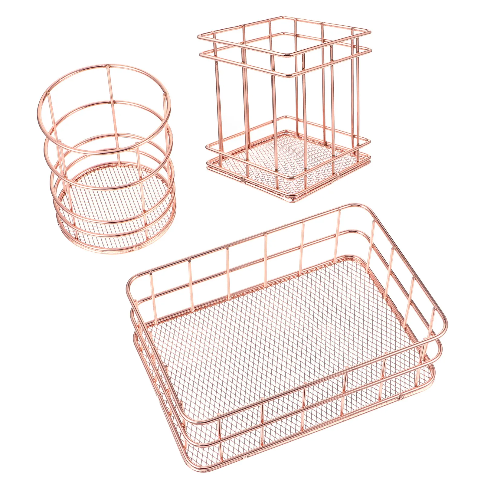 3Pcs Rose Gold Stainless Steel Storage Basket Set Portable Mesh Pen Holder for Kitchen Dining Room Bathroom Dorm Clean Desk