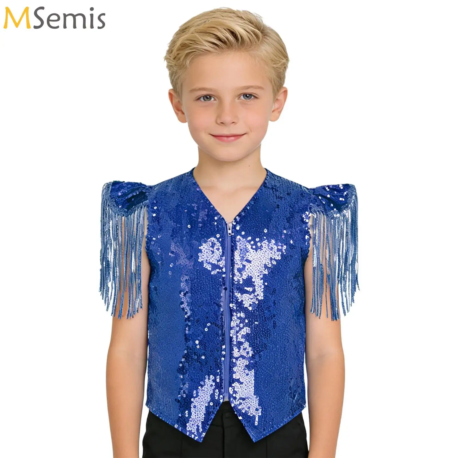 

Kids Boys Shining Vest Sparkly Metallic Tassels Tops Music Festival Stage Performance Zjazz Dance Waistcoat Vests Costumes