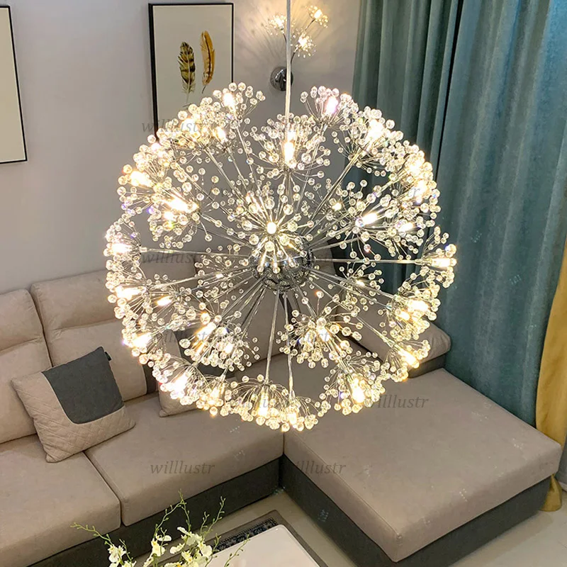 Dandelion LED Pendant Lamp Luxury Crystal Suspension Light Hotel Cafe Bar Mall Living Bedroom Flower Hanging Ceiling Chandelier