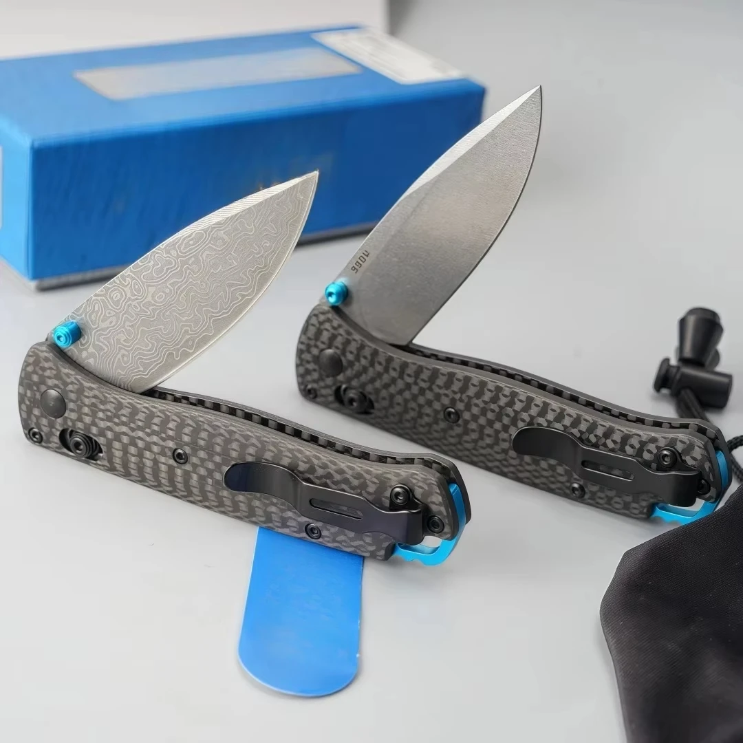 Knives 535 Carbon Fiber Handle Stainless Steel/Damascus Blade Folding Knife with Shaft Lock, Drop Point Blade and Blue Trim -