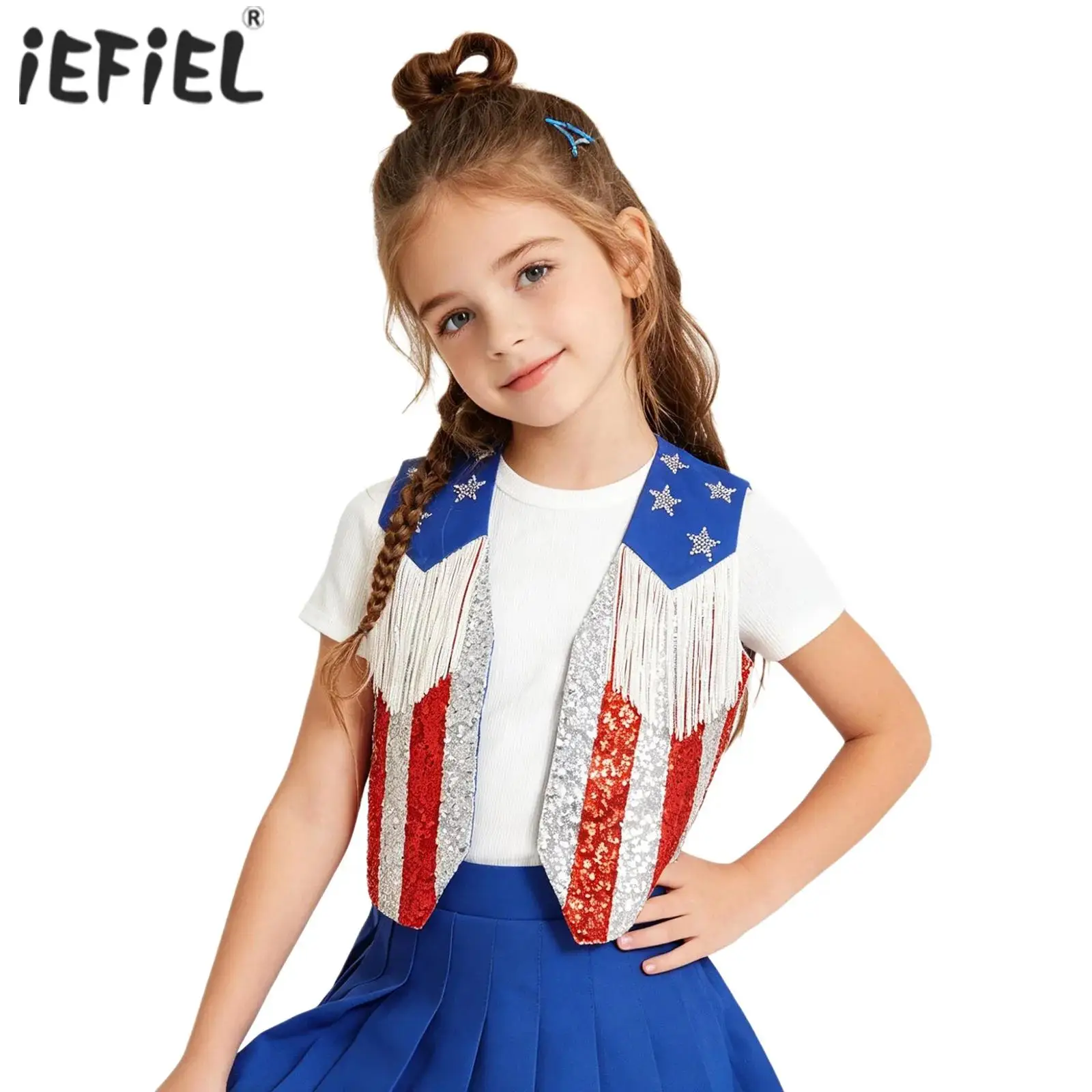 Chaleco de lentejuelas con estrellas de diamantes de imitación para niñas, disfraz de cosplay del Día de la Independencia del 4 de julio, chaleco con flecos a rayas, top sin mangas con frente abierto