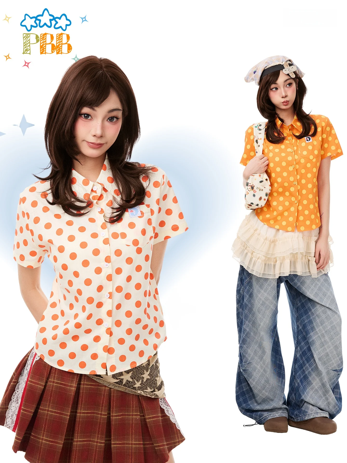

PBB Korean Style Short Sleeve Dot Print Casual Shirt Women's Orange Y2K Commute Short Length Summer Shirt Loose Fit Turn down...