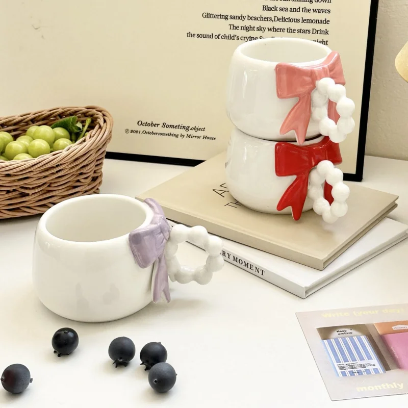 1 Pcs Breakfast Milk Coffee Drink Glass Super Cute Ceramic Mug With Pearl Ring Handle Bow Pattern Kawaii Birthday Gift For Girls