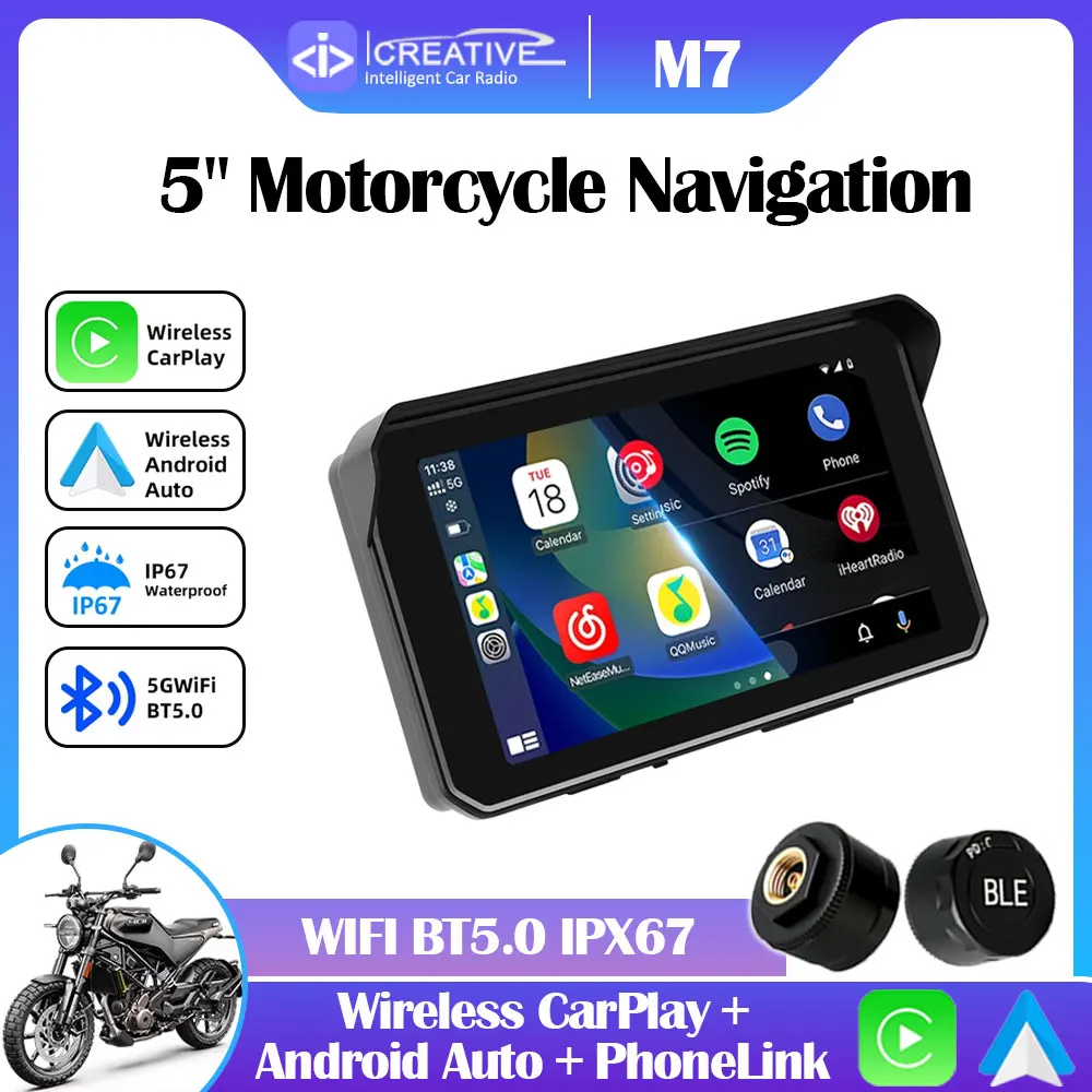 Icreative 5 inch Carplay Motorcycle DVR Navigation GPS Wireless CarPlay Android Auto IPX7 Display Screen Portable Moto Monitor