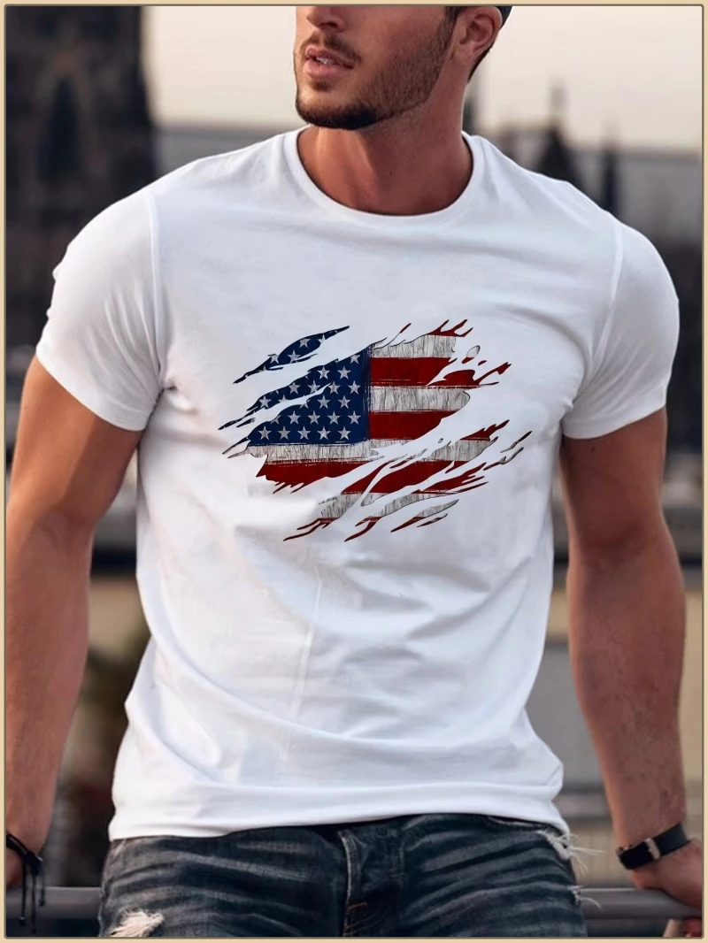 

2025 Men's Summer Casual Loose Size 100_ Cotton Trendy American Flag Pattern Print Round Neck Short Sleeve T-shirt Top