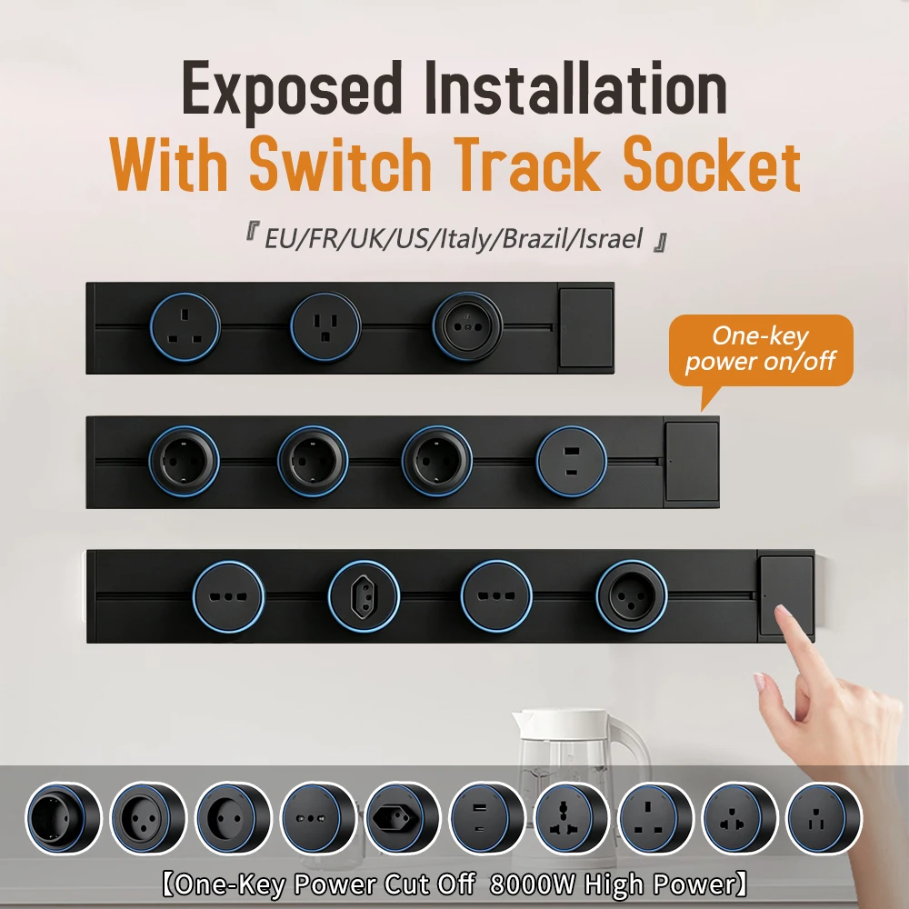 Black Surface Mounted Movable Track Socket, 8000W High Power One-Click Power Off Home Power Rail Socket, Fits EU FR UK KR Plugs