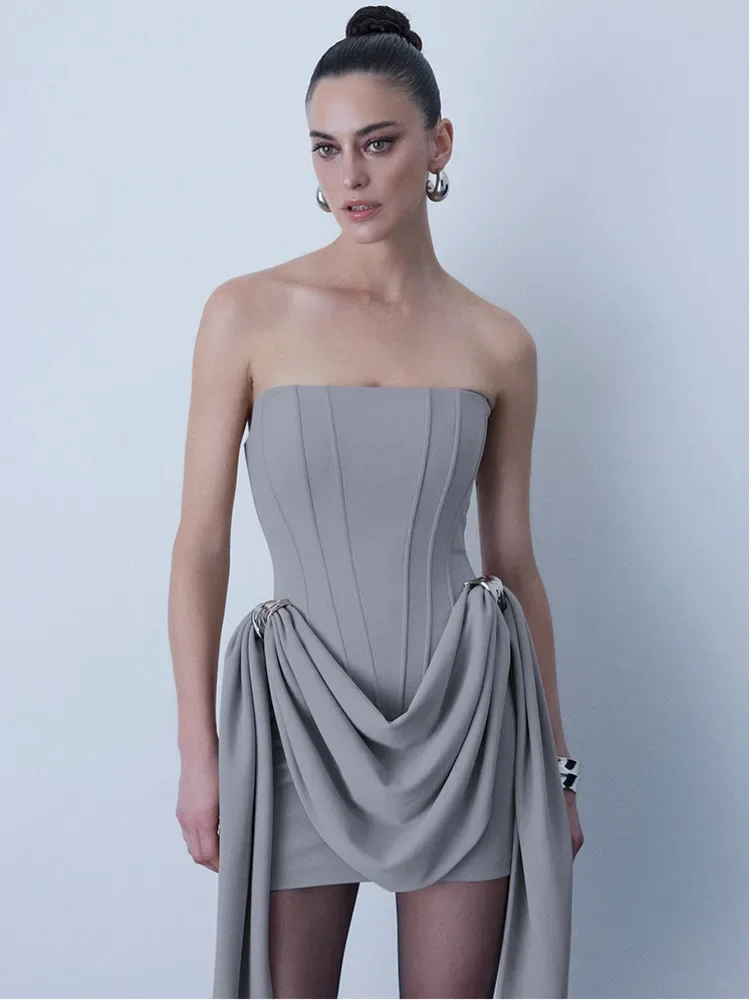 Chaxiaoa Sexy Strapless Tight Backless Fishbone Dress Women Elegant Belt Ribbon Party Evening Dress Christmas Wedding Outfit