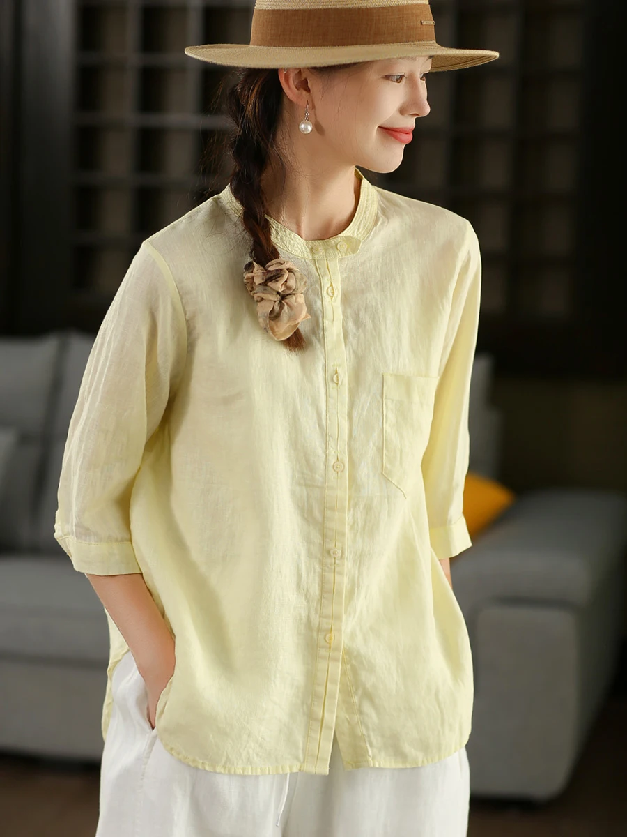 

Ретро-рубашка из льняной ткани для женщин, миди, с одной пуговицей, однотонная, летняя, для сада и отдыха, повседневная, свободного кроя