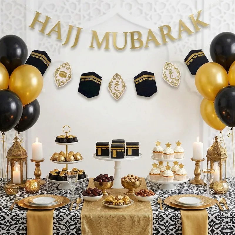 1 ensemble de bannières Hajj Mubarak, motif Kaaba, bannière en papier noir et or pour la pèlerinée islamique Hajj, décoration de fête Eid al-Adha, guirlande